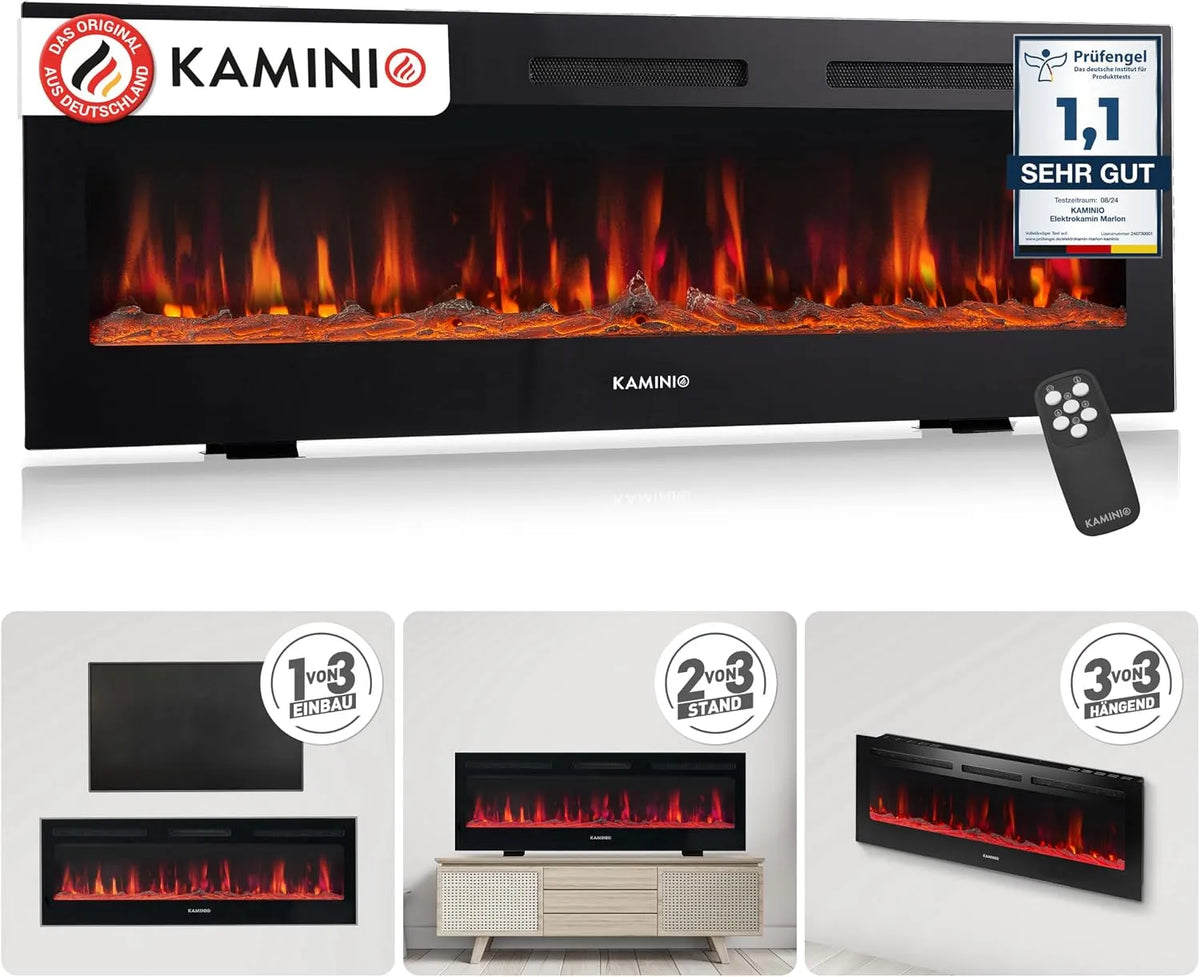 Elektrokamin 3D-Flammeneffekt, Elektrischer 3-in-1 Kamin mit Heizung, 12 Flammenfarben, 60 Zoll, Marlon, Fernbedienung