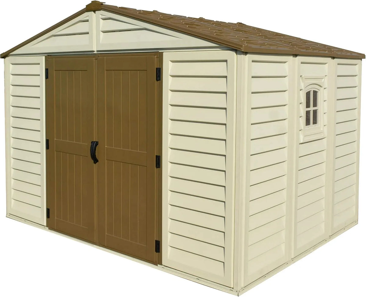Braun Gerätehaus, Kunststoff mit 1 festen Fenster und Metallfundamentset, robuste & Dachstruktur aus Metall, Brown, wartungsfreie, Ivory, Beige &