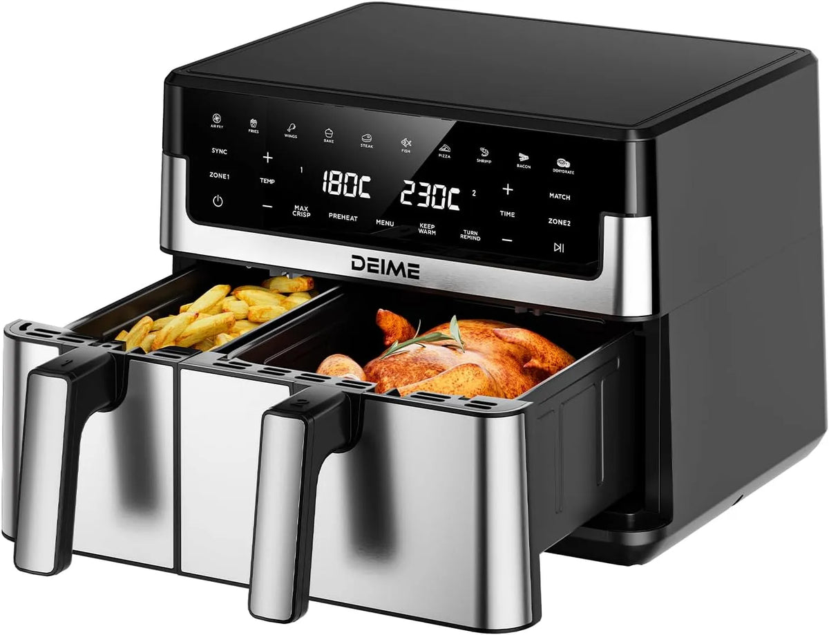 Heißluftfritteuse DEIME, Heissluftfritteuse 10L, 2 Kammern Airfryer Doppelkammer, 6,5 & 3,5 L, Air Fryer XXL mit 10 Betriebsprogramme, Touchscreen