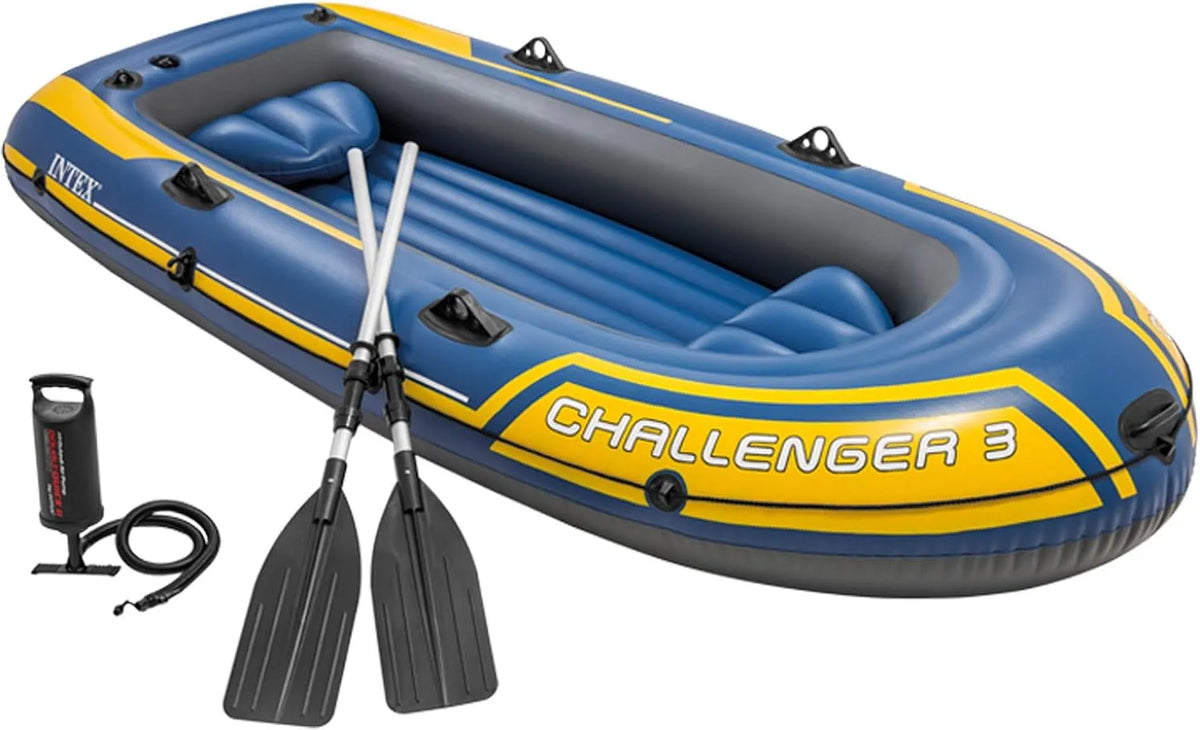 Intex Challenger 3 Set Schlauchboot, Maße 295 x 137 x 43 cm, 3-teilig, Gelb, Blau