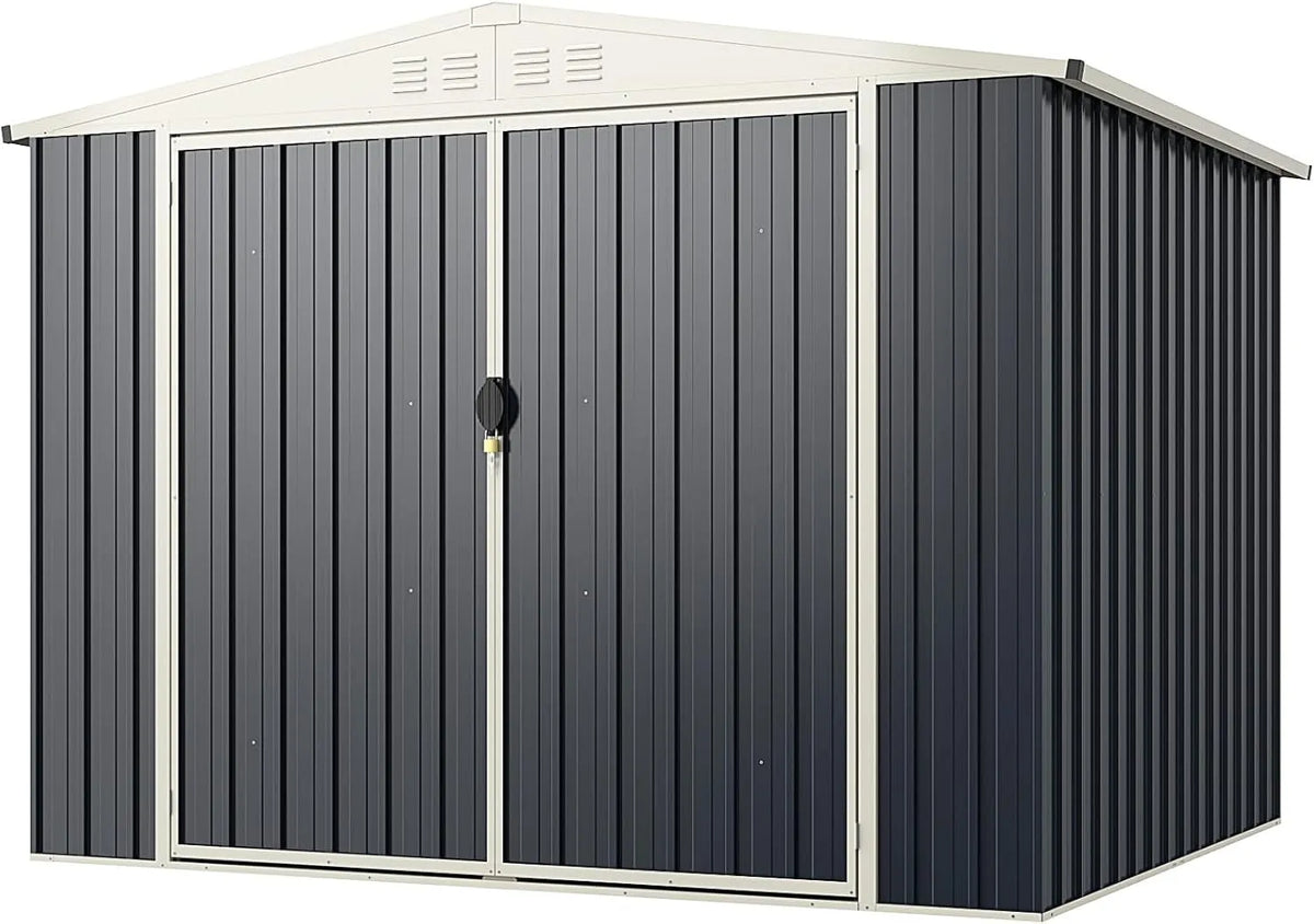 Geräteschuppen Goplus, Gerätehaus mit Satteldach, Maße 246 x 193 x 180 cm, Gartenhaus Metall, Gartenschuppen Gartenhütte für Garten, Anthrazit