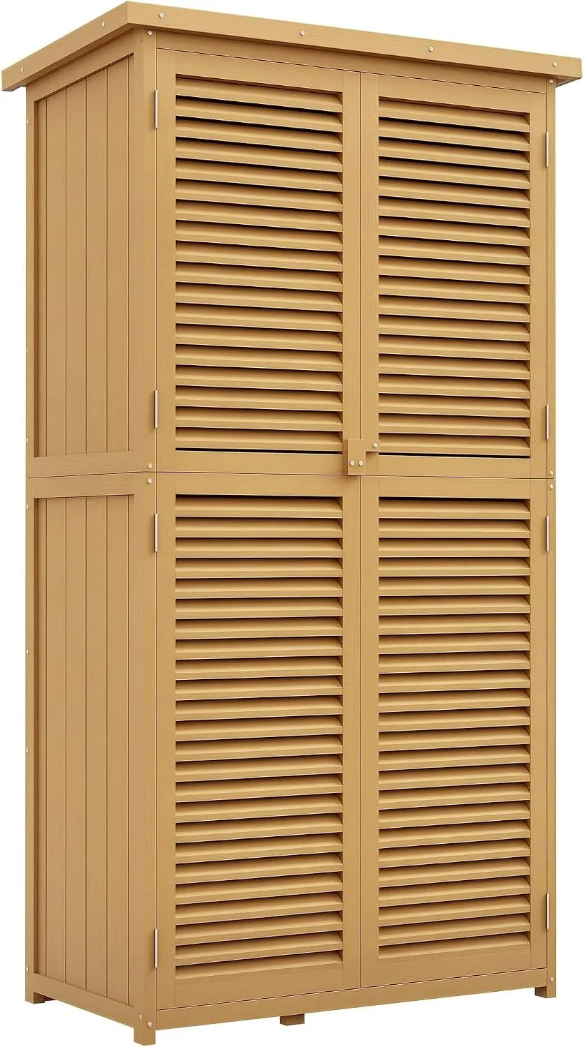 Geräteschuppen Outsunny, mit Asphaltdach Lamellentür Geräteschrank Schuppen Garten 4 Fächer Hellgelb 87 x 46,5 x 160 cm, Gartenschrank Holz Gerätehaus