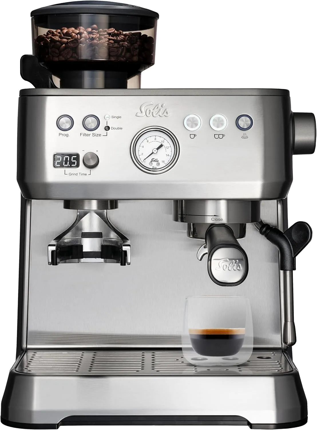 Espressomaschine, Solis Grind & Infuse PERFETTA, Kaffeemaschine mit Mahlwerk und Milchaufschäumer, Silber, Heißwasser- und Dampffunktion