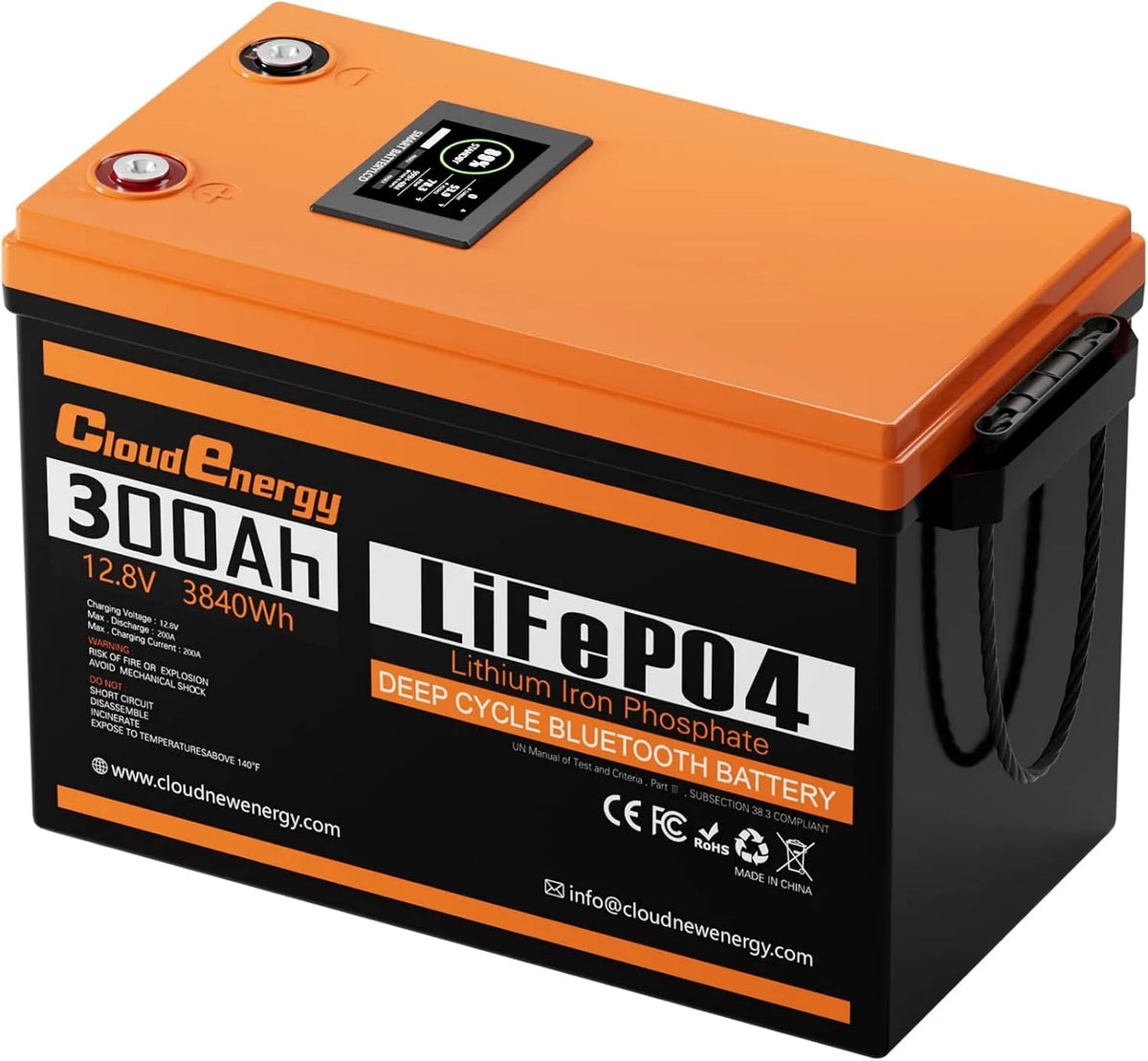 Modell Cloudenergy 300Ah Li-Ion Akku, 3840Wh LiFePO4 6000, 200A Bluetooth BMS mit Touchscreen. Zyklenzahl +, Boote und Camping.