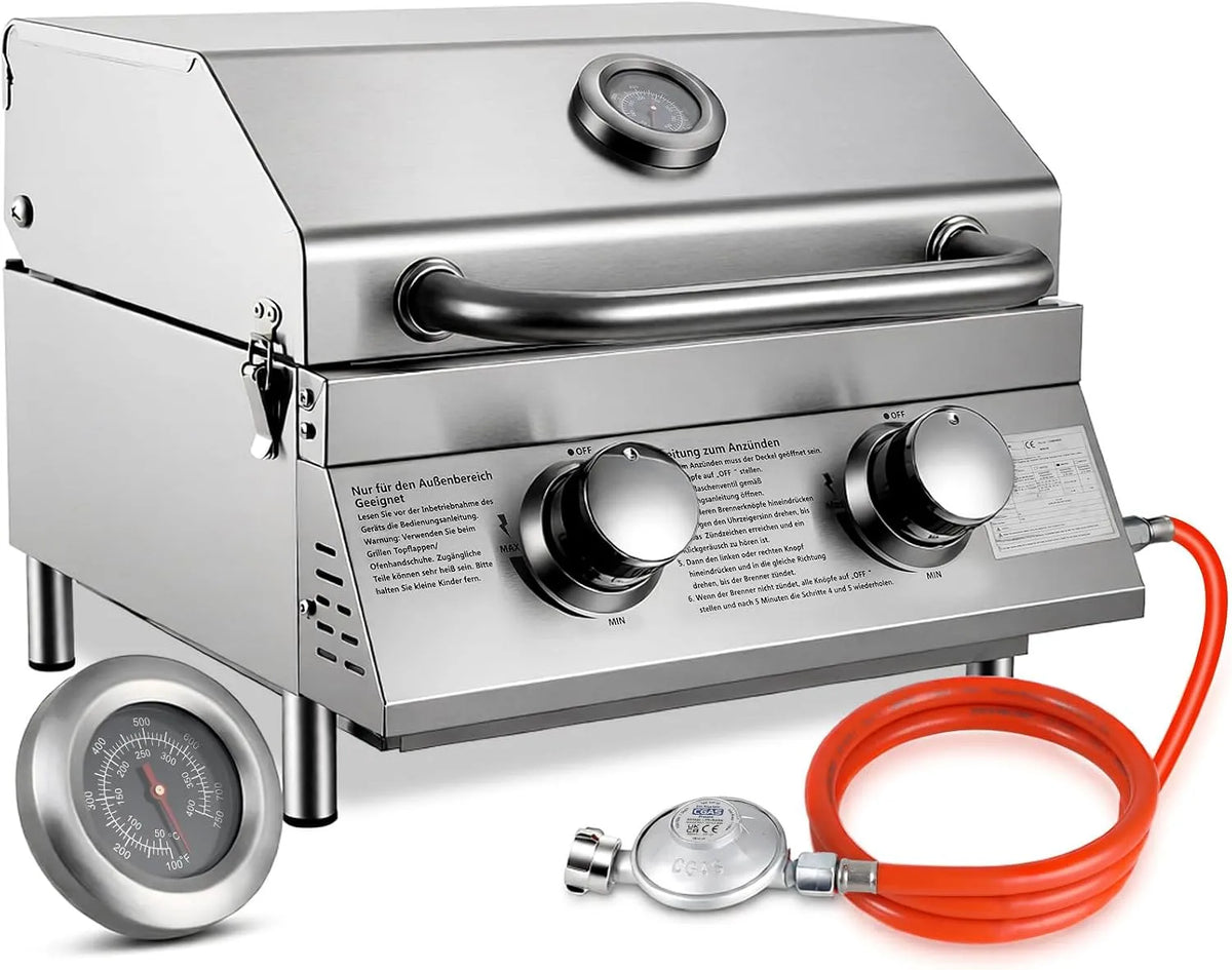 Gasgrill 4PCS x33, 42 cm Grillfläche, Tragbarer Edelstahl Tischgasgrill Kompakt mit Grillrost, Camping tischgrill für BBQ, Garten, Leistung 4.4kW