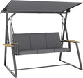 Outsunny 3-Sitzer Gartenschaukel mit verstellbarem Dach, Gewicht 360 kg Tragkraft, Kissen und Getränkeablagen, Stahlrahmen, für Terrasse, Veranda