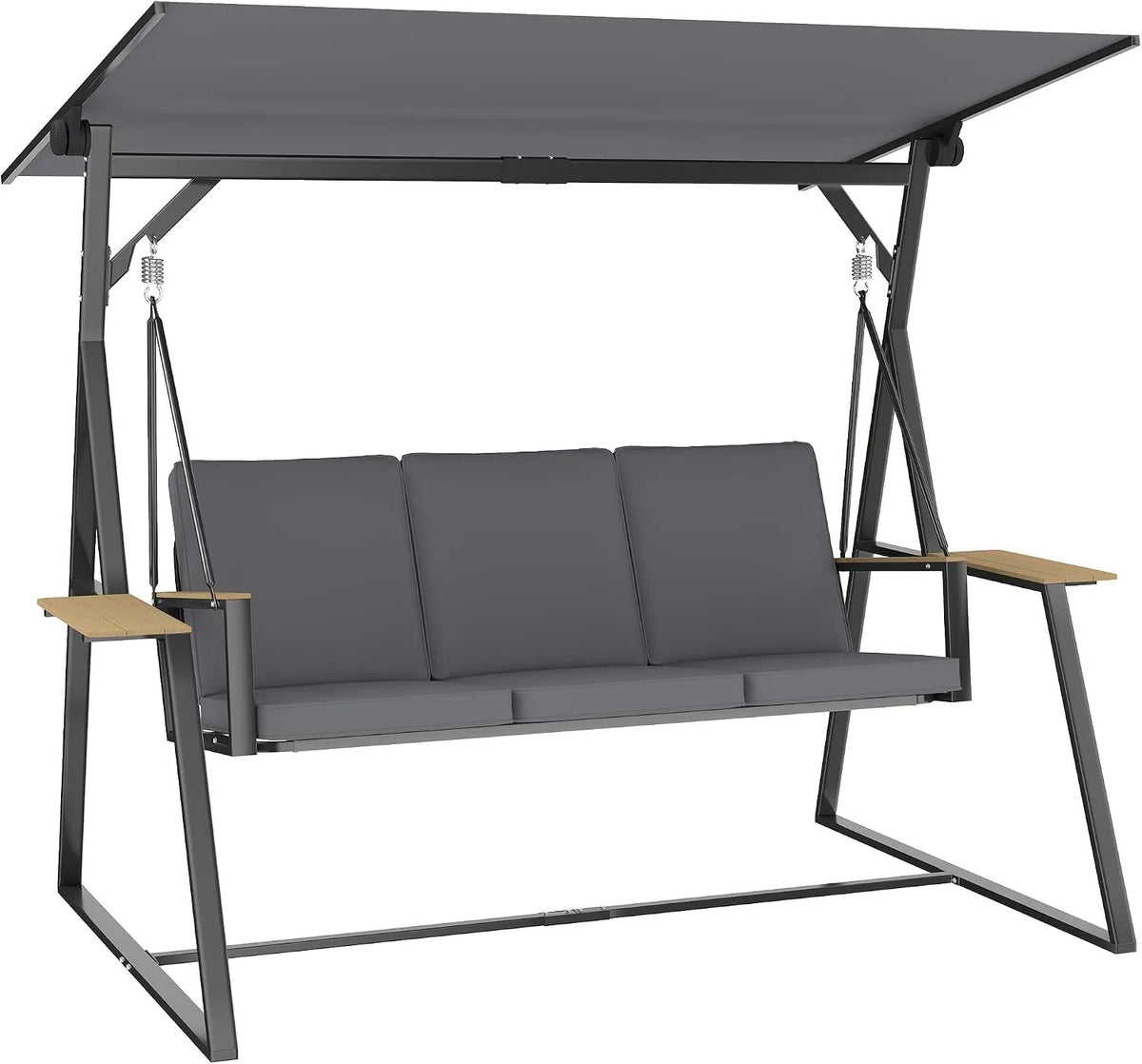 Outsunny 3-Sitzer Gartenschaukel mit verstellbarem Dach, Gewicht 360 kg Tragkraft, Kissen und Getränkeablagen, Stahlrahmen, für Terrasse, Veranda