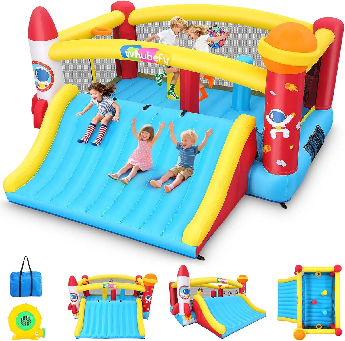 Hüpfburg für Kinder AKEYDIY Verbesserte, 4,1 x 4,1 m große Hüpfburg mit größerer Rutsche, für 3-5 Kinder, verstärktem Material, Kletterwand