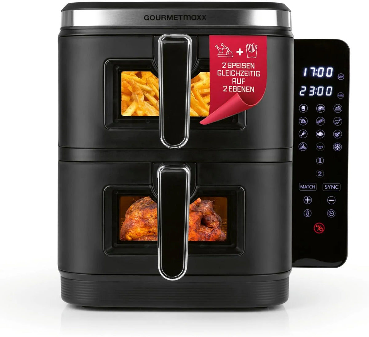 Heißluftfritteuse, Fassungsvermögen 10 L Volumen, 2 Kammern, Heissluftfritteuse Doppelkammer 2 Ebenen, GOURMETmaxx FryUp Vertikale Doppelkammer XXL