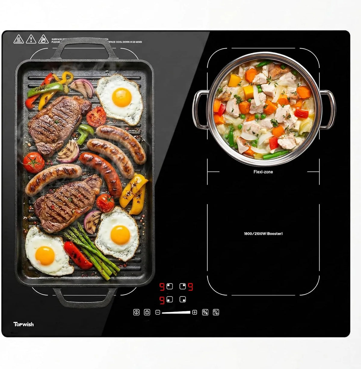 Induktionskochfeld Topwish, Breite 60cm, 4 platte mit Zwei Flexzonen, Überhitzungsschutz und Warmhalten,7200W, Timer, Kindersicherung