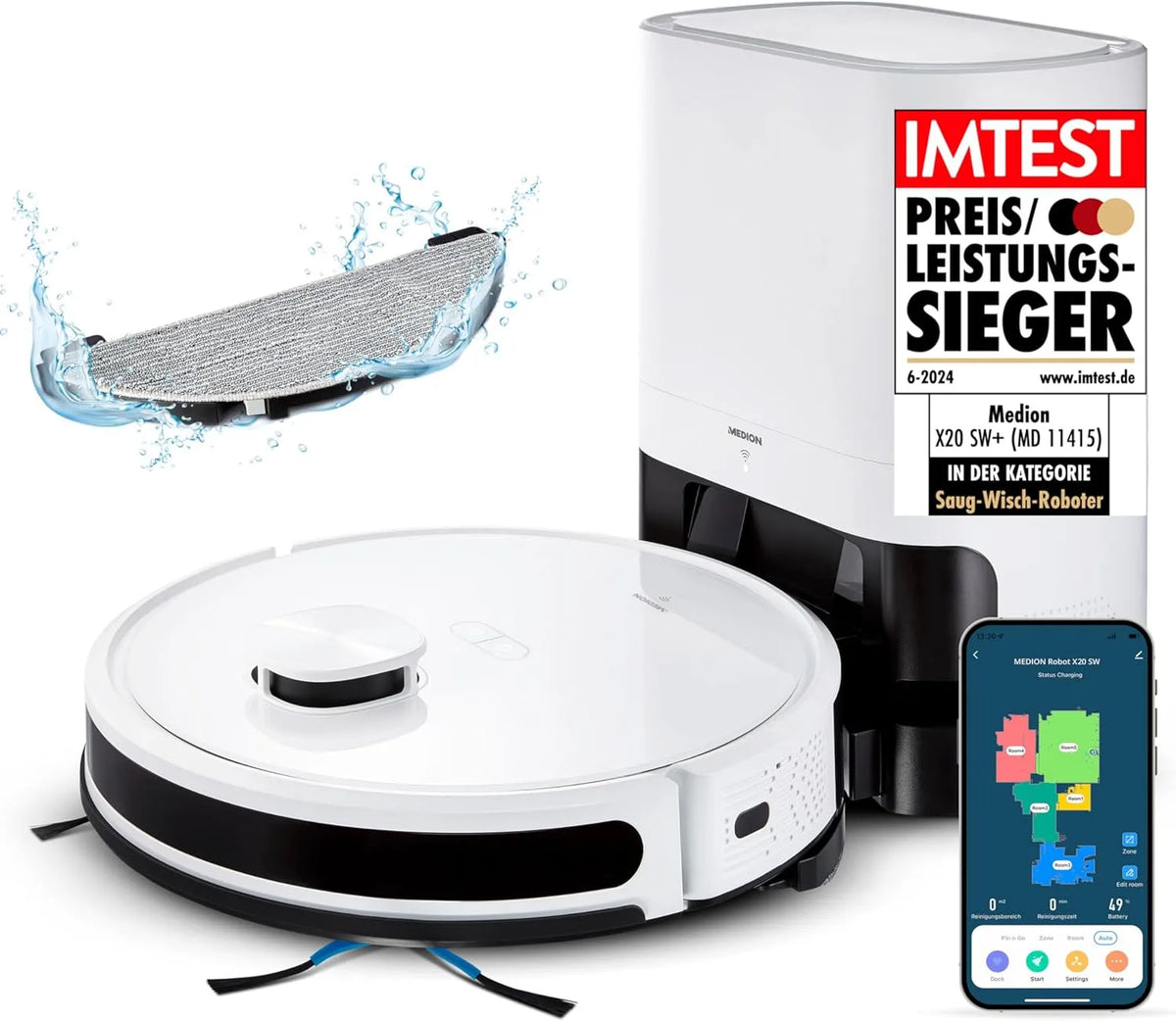 Saugroboter X20 2in1 MEDION, Lasernavigation, Starke 3000Pa Saugkraft, mit Absaugstation und Wischfunktion SW+, präzise Kartenerstellung