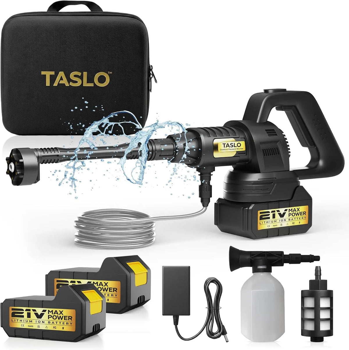 Hochdruckreiniger Akku, 6-in-1 verstellbare Düse, 2 Batterien, für Haus, Auto, Garten, Terrasse, kein Schlauch erforderlich, tragbarer Strahlreiniger