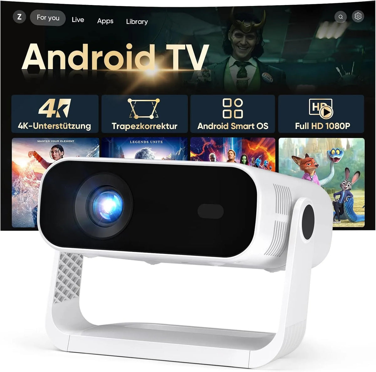 2026 Neuer Smart Mini Beamer Integrierte APP 1080P 4K-Decodierung 20000, Android 14, Full HD, unterstützt, Automatische Trapezkorrektur, PC, Lumens