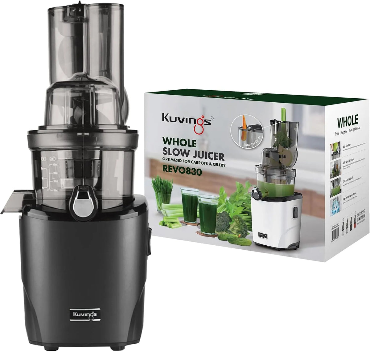 Entsafter REVO830 Mattschwarz_KSP-2478CE Kuvings |, inklusiveSmoothie & Sorbet Filter Set, Doppelte Einfüllöffnung, Matt Black, Slow Juicer