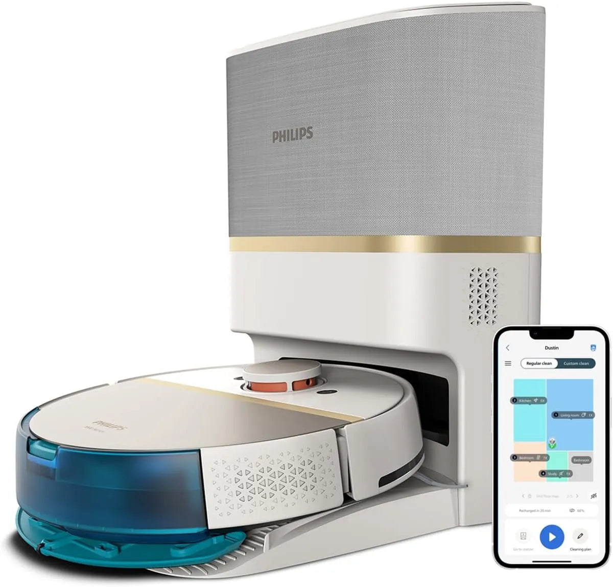 Philips Modell XU7100/02, Homerun Serie Saug-Wischroboter mit Saugstation 7000 5000 180Min, 360° LiDAR-Navigation, 185m², Pa, Laufzeit, App, Weiß