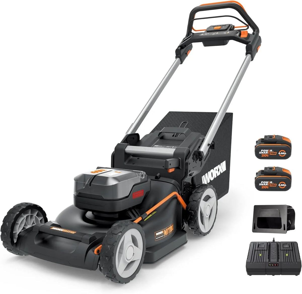 Worx Rasenmäher WG749E 2x20V, 7 Schnitthöhen inklusive. Akku und Ladegerät, Akku 40V, 46cm Schnittbreite, PowerShare, Kraftvoller Bürstenloser Motor