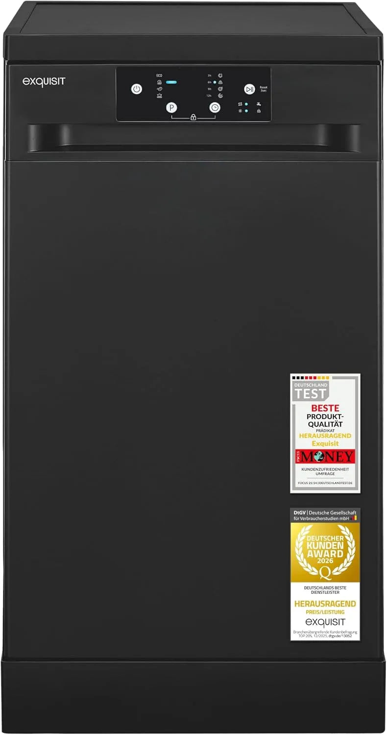 Exquisit Geschirrspüler GSP9109-450D, Eco 10 L, 9 Maßgedecke, 4 Betriebsprogramme, in Schwarz, Startzeitvorwahl, LED-Anzeige, Aquastop