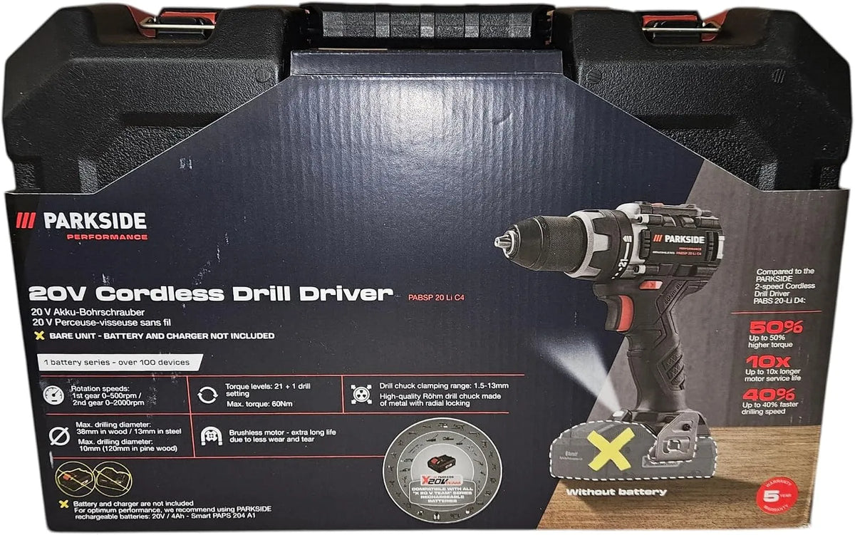 Parkside PERFORMANCE Akkubohrschrauber 20 V Li C3 Bruschless PABSP 20, Motor akkubetrieben und Ladegerät + Koffer