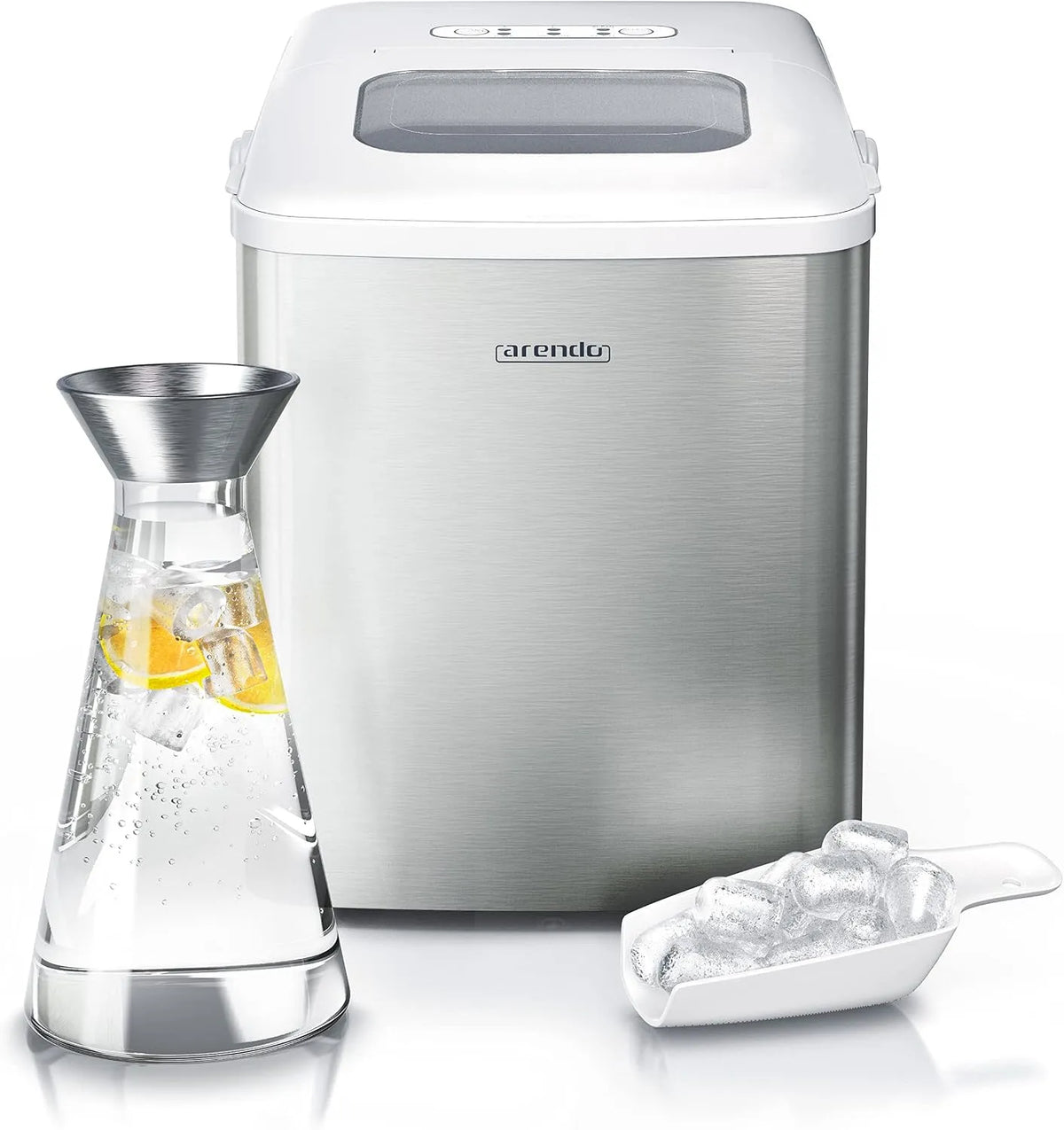 Arendo, Ice Cube Maker Maschine, Eiswürfelmaschine Edelstahl, Eiswürfelbereiter Edelstahl, Eiswürfelautomat, mit Kühlung, Eiswürfel Größen Klein, ABS