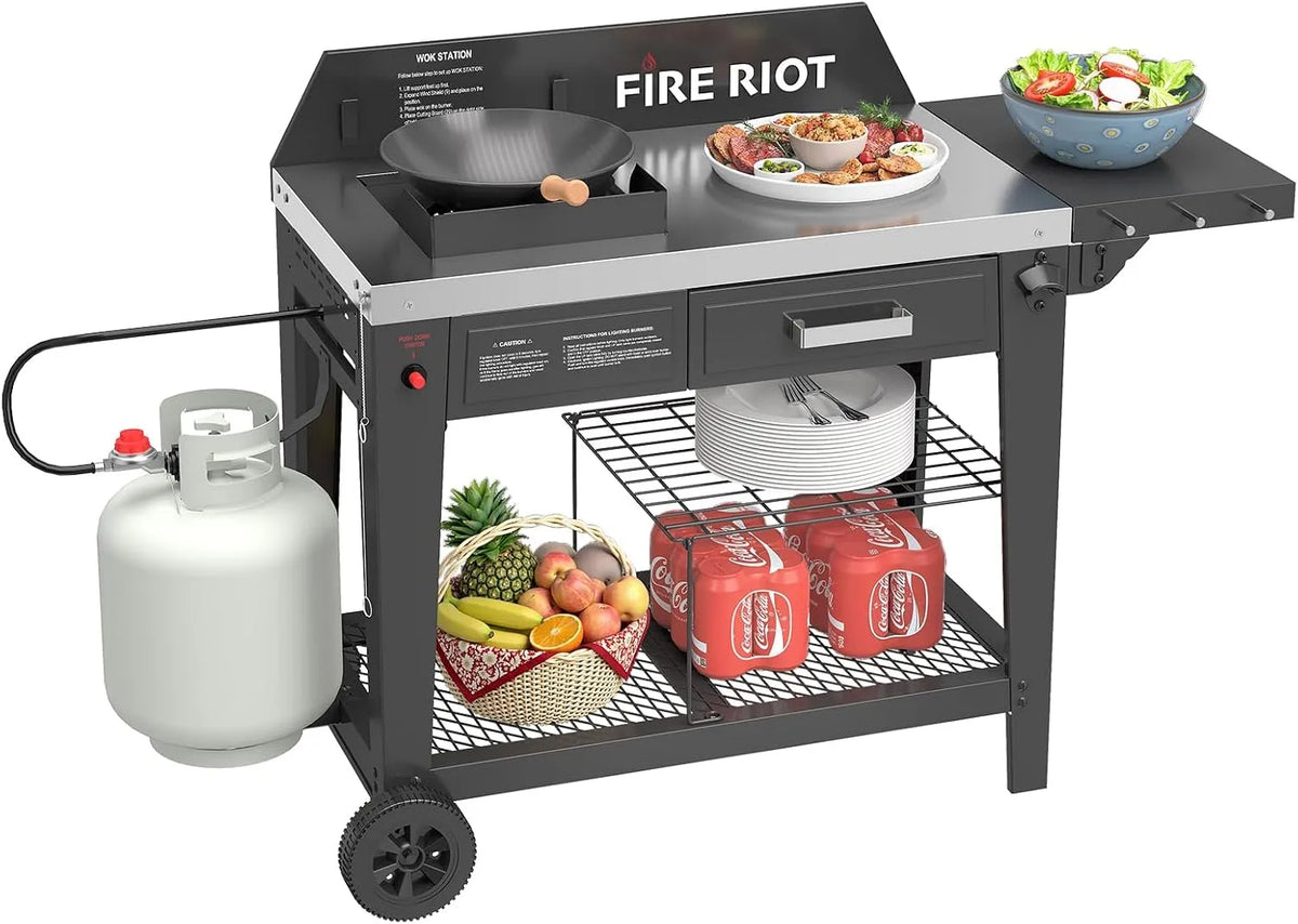 Robuste Outdoor-Wok-Kochstation, 50.000 BTU Wokbrenner, Hochleistungs-Wok aus Karbonstahl, zum Braten, Anbraten, Heckklappen und Angeln