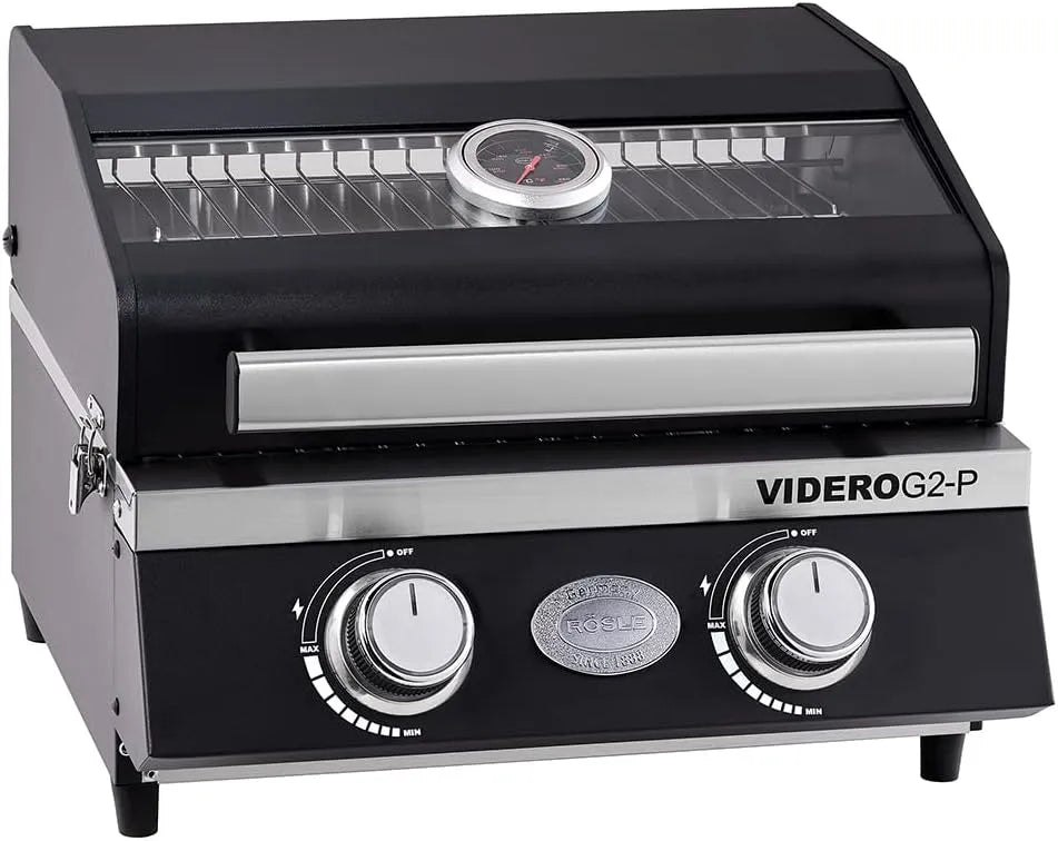 Gasgrill G2-P RÖSLE, tragbarer Tischgrill mit 2 Edelstahlbrennern, 50 mbar, BBQ-Portable VIDERO, pulverbeschichteter Stahl