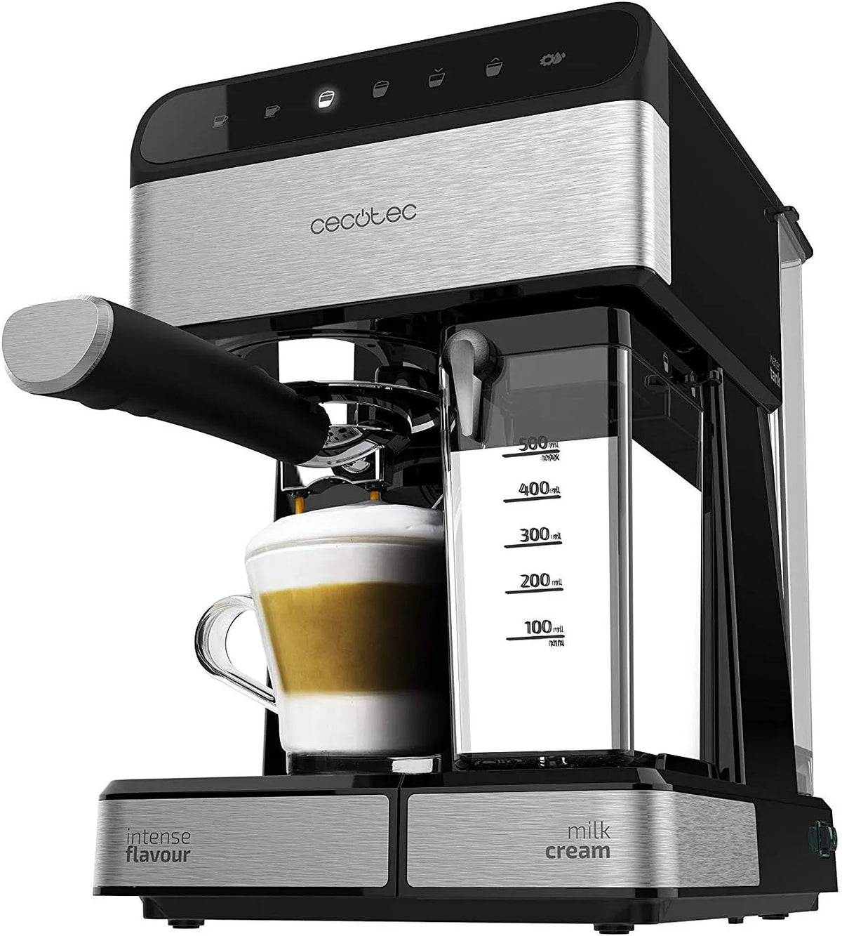 Cecotec Espressomaschine, 20 Bar Druck, Fassungsvermögen 1,4 Liter Wassertank, Edelstahl-Finish, Fassungsvermögen 500 ml Milchtank, Touch-Steuerung