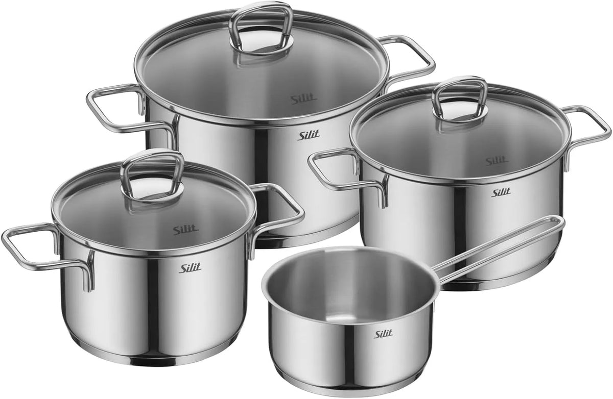 Topfset Silit Alicante, Induktion 4-teilig, Kochtopf Set mit Glasdeckel, Edelstahl poliert, Induktions Töpfe Set unbeschichtet