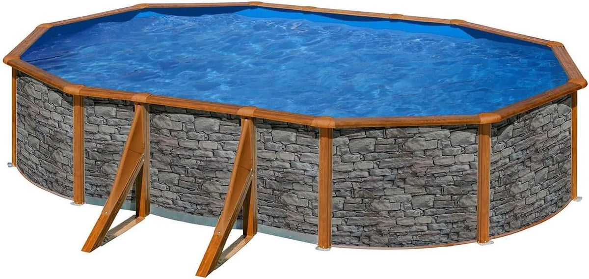 Paradies Pool, Menge: 1 Stück, Holz, Komplettset, Handlauf extra breit, Swimmingpool, Gre Giant oval 375x610x120cm, Poolplane in blau 0,4mm, Ø x H