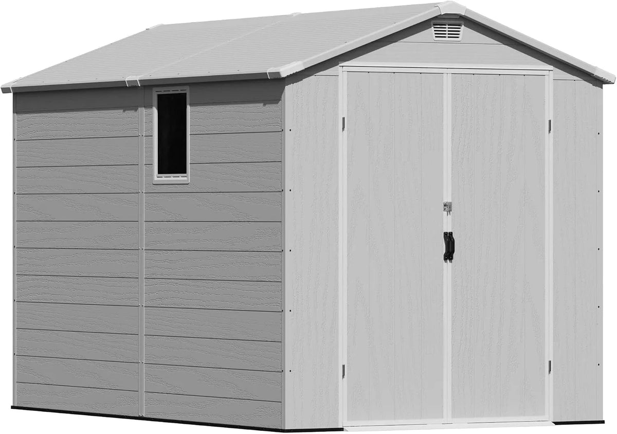 Gartenhaus, Maße 1,8 x 3 m, mit abschließbarer Tür, Terrasse und Hinterhof, wetterfest für Fahrrad, aus Kunststoff, Hellgrau