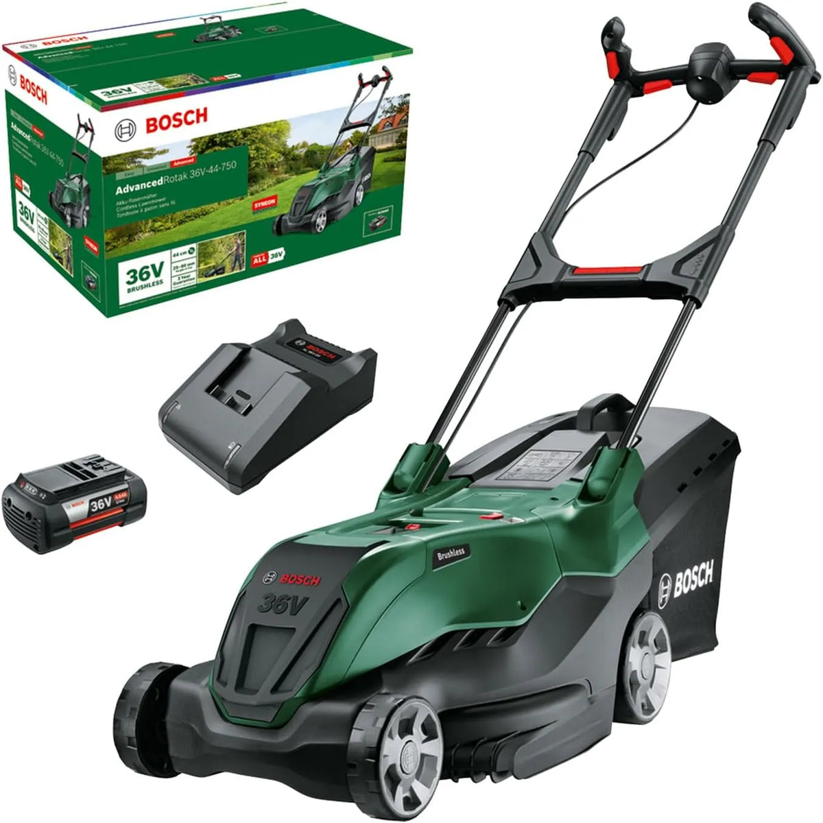 Bosch Rasenmäher 36V-44-750 36-Volt-System, Schnittbreite: 44 cm, mit 1x 4.0 Ah- Akku und Ladegerät, Set
