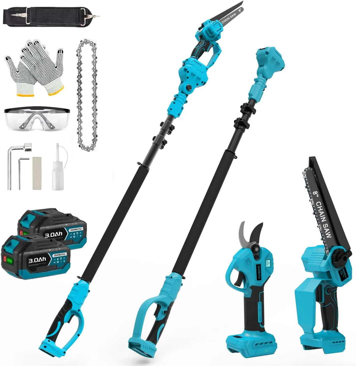4-in-1 8 Zoll Mini Kettensäge mit Teleskopstange & 30 mm Akku Astschere, Elektro Kettensäge für Gartenpflege, Arbeitsreichweite 4M