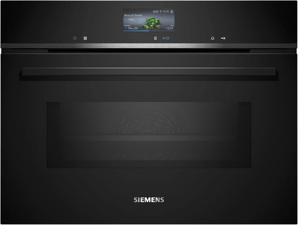 Siemens Backofen CM776GKB1 iQ700, Smarter Einbau-Kompaktbackofen mit Mikrowellenfunktion, Maße 60 x 45 cm, Leistung 900 W, Pyrolyse & Hydrolyse