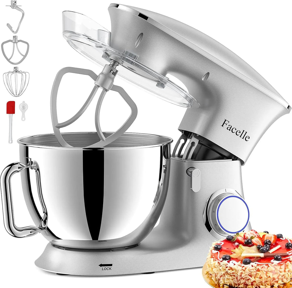 Küchenmaschine 6+P, Knetmaschine 2000W 8,5L Facelle Teigknetmaschine Teigmaschine Rührmaschine, mit Schneebesen, Geschwindigkeit, Knethaken, Kekse