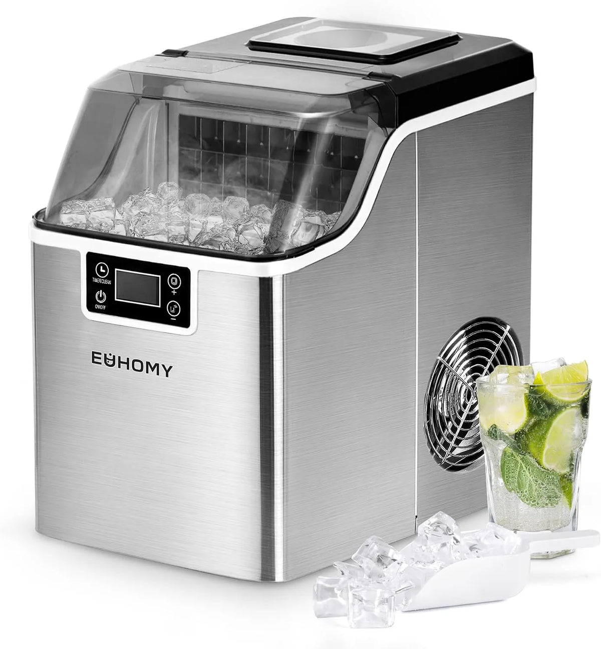 Edelstahl EUHOMY Eiswürfelmaschine, 24 Eiswürfel in 13 Minuten, 24H Eiswürfelmaschine gastro, Küche, RV, 24kg/24H, Gewicht 24kg, Bar, Büro