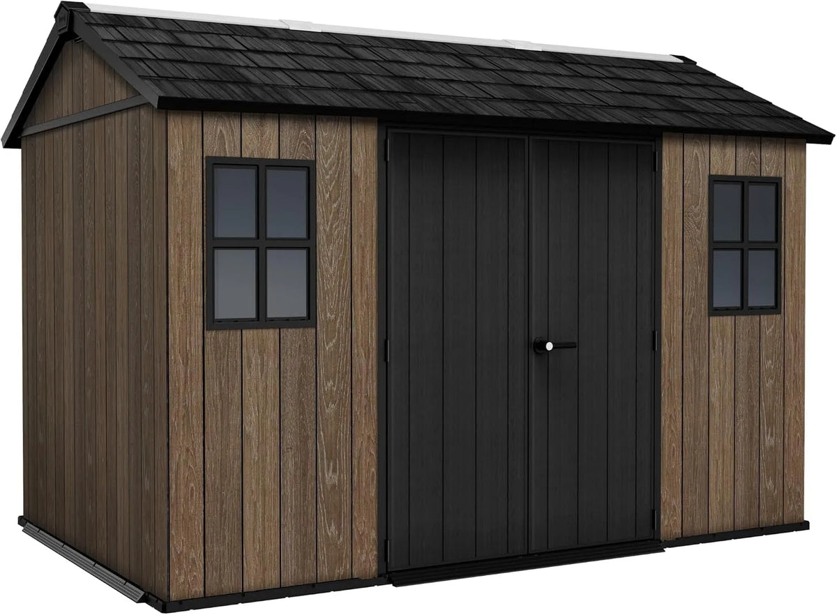 Keter Gerätehaus, Apex 7,5x11, Kunststoff Geräteschuppen mit Oberlicht und Belüftung, abschließbar, wetterfest, Walnuss Holzoptik