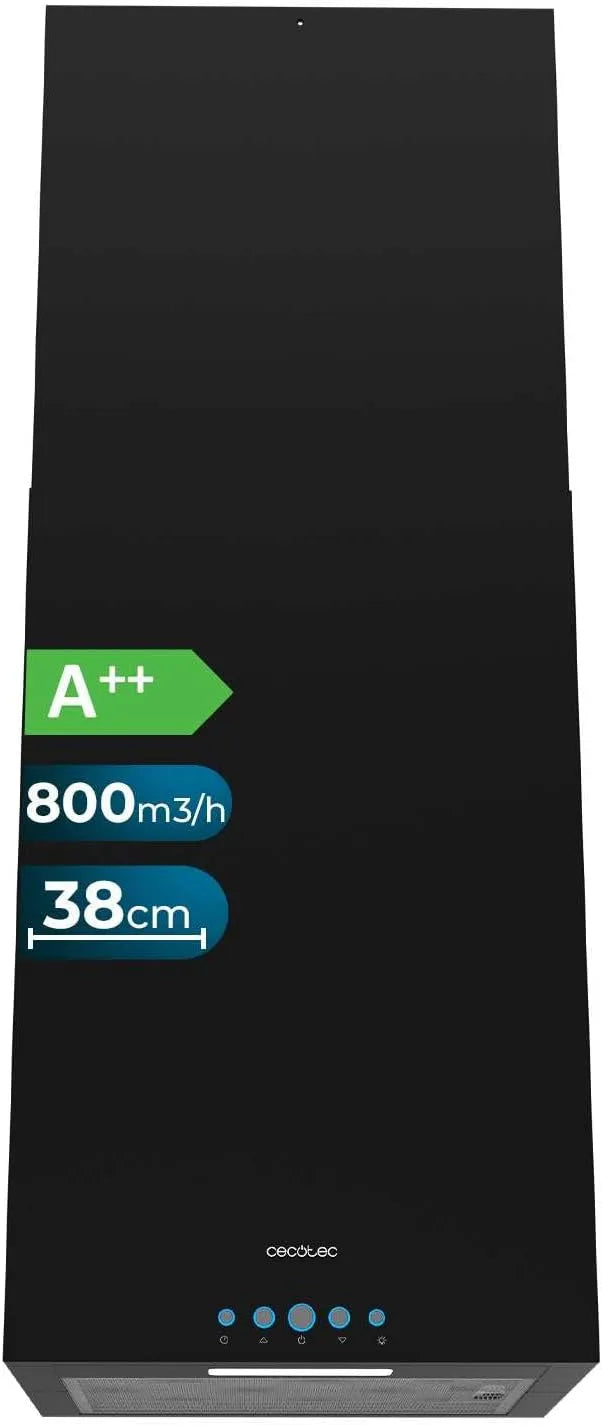 Cecotec Dunstabzugshaube 388000 210-W-Motor, Quadratische Insel 38 cm Bolero Flux Ict Black A++. Schwarze Optik, Saugleistung 800 m³/h, Beleuchtung