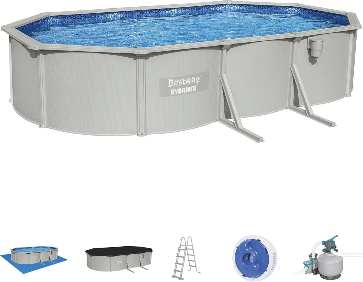 Bestway Pool, Hydrium Stahlwandpool Komplett-Set mit Sandfilteranlage 610 x 360 x 120 cm, rund, Farbe Grau