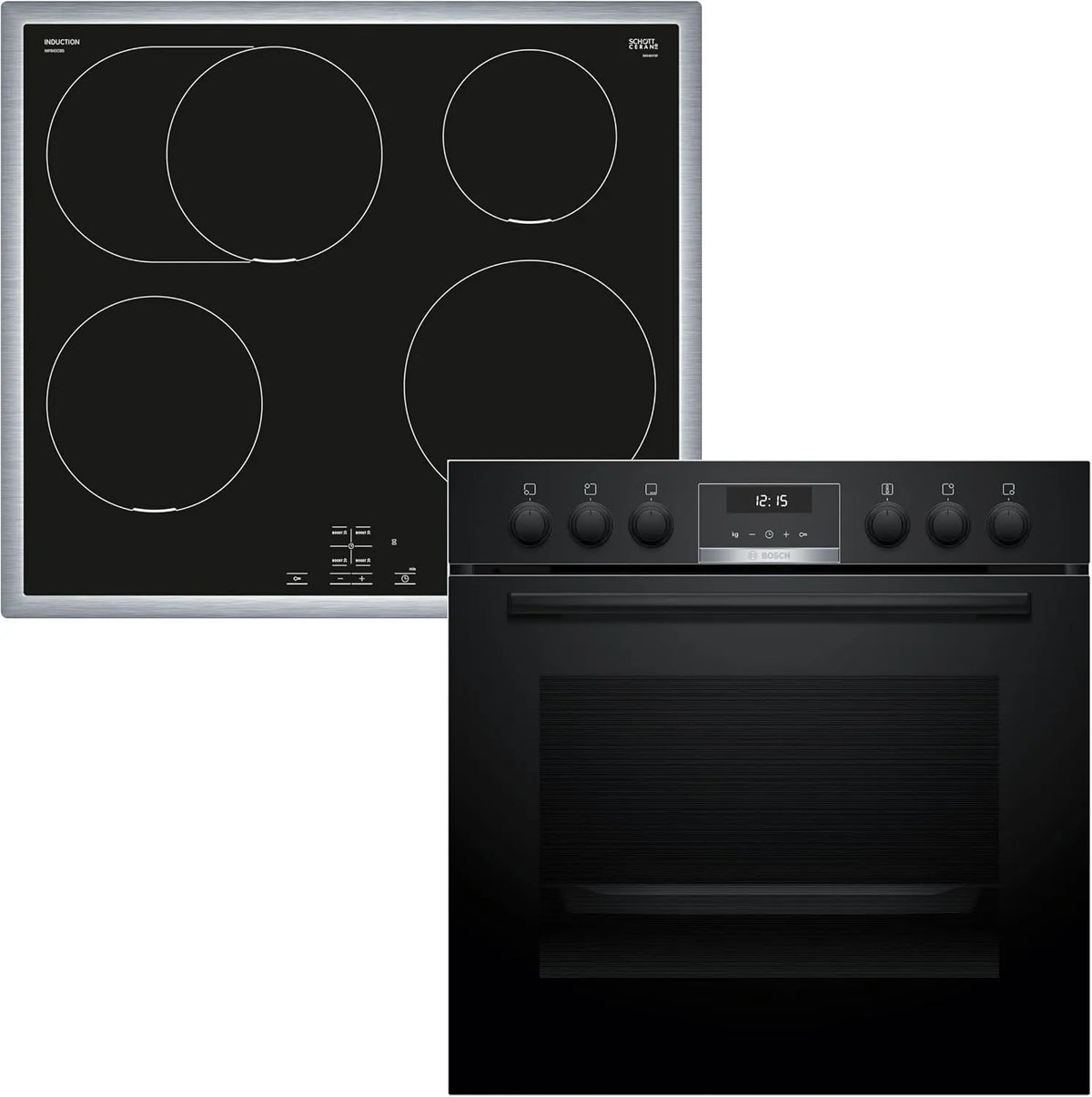 Bosch Induktionskochfeld HND615LS62 HEG517BB4 NIF645CB5E, Maße 60 x 60 cm, 3D Heißluft, Einbauherd-Set, hend aus Herd, Hydrolyse, LED Display