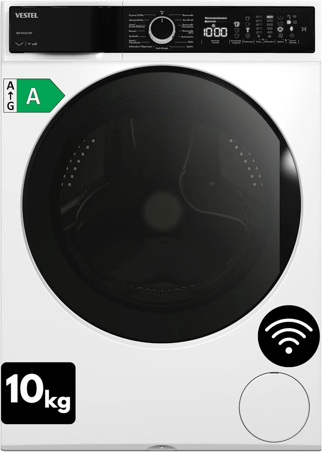 Waschmaschine 109342 1400 VESTEL WMI WIFI, Energieklasse A, WLAN-fähig, Schnellprogramm, App-Steuerung, weiß, VESTEL WMI WIFI 10 kg Frontbeladung, min