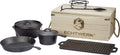 Kochtopf, ECHTWERK 7-teiliges Dutch Oven Set aus Gusseisen in Holzkiste, Stieltopf, Grillplatte, Pfanne, bereits eingebrannt