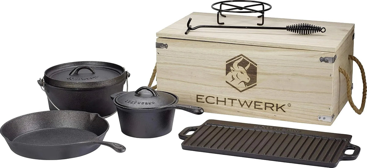 Kochtopf, ECHTWERK 7-teiliges Dutch Oven Set aus Gusseisen in Holzkiste, Stieltopf, Grillplatte, Pfanne, bereits eingebrannt