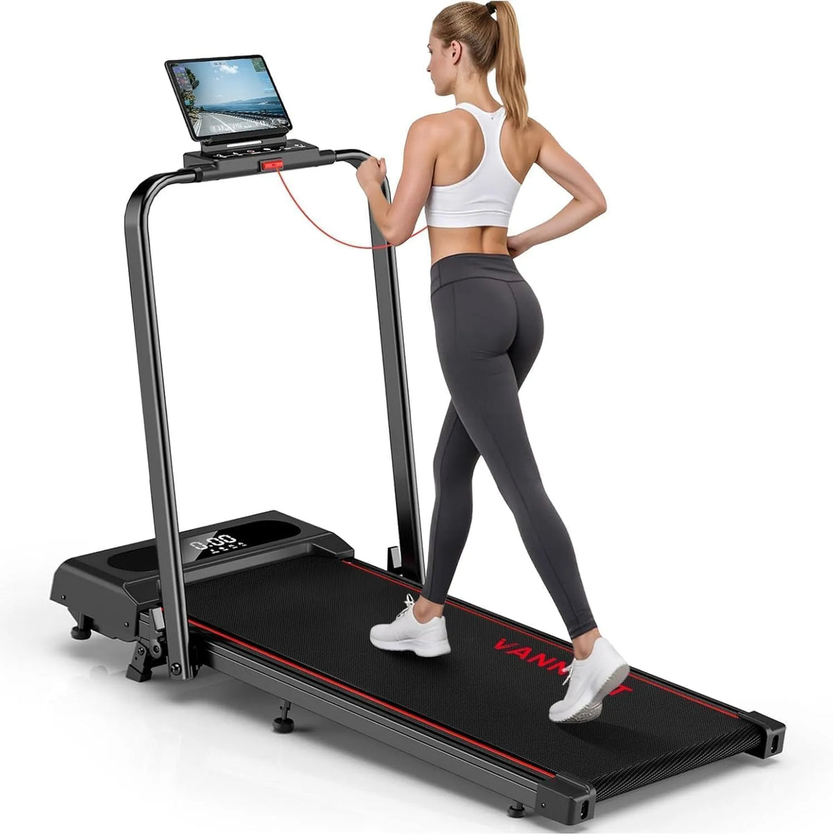 Zuhause Laufband für, 1-12 km/h Klappbares Laufband mit 9% Steigung, Ultra-Leise, LCD-Display, Fernbedienung + App + Handlauf-Tasten
