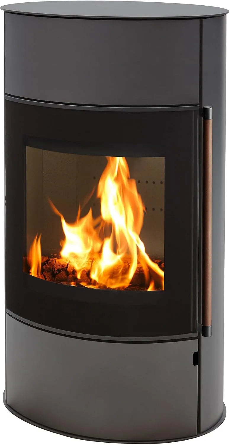 Kaminofen H&M Germany, Mango 2.0 gussgrau oval 8kw großer Feuerraum Bauart 1 Panorama Scheibe 150mm Abgasstutzen