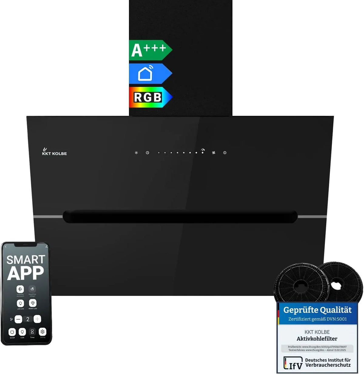 Dunstabzugshaube ECCO6005SM KKT KOLBE, 782 cbm, h Umluft Abluft, Wandhaube, in Schwarz Glas, Breite 60 cm, Smart WiFi App WLAN, Kopffrei