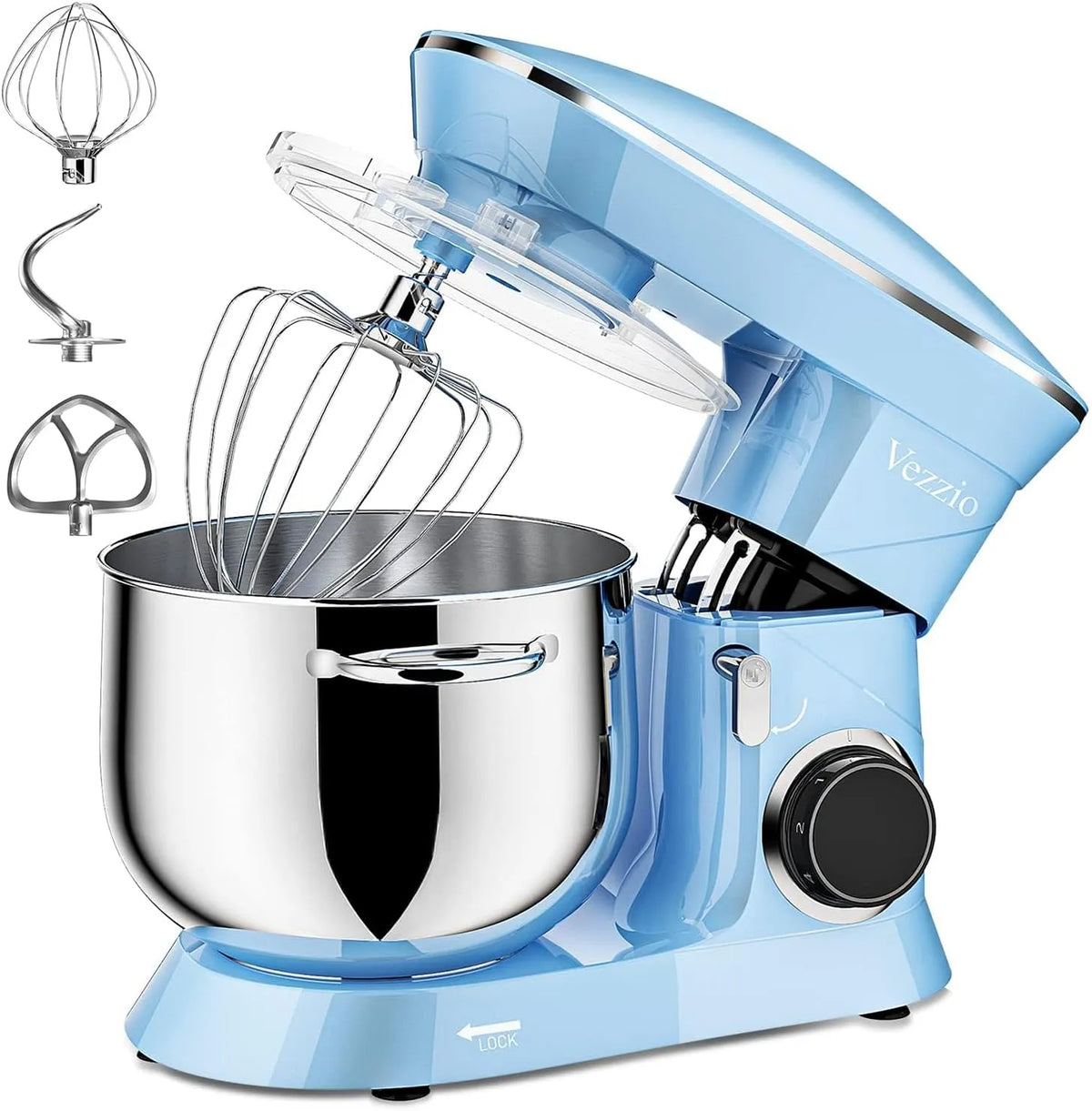 Küchenmaschine Vezzio, 10-stufige Teigmaschine, Knethaken, Blue, Fassungsvermögen 8,5 l Backteig-Mixer, mit Rührhaken, Schneebesen und Spritzschutz