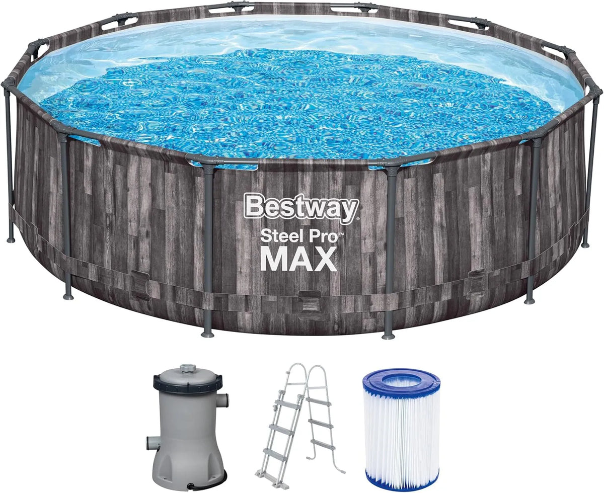 Bestway Pool, Steel Pro MAX Frame -Set mit Filterpumpe Ø 366 x 100 cm, Holz-Optik, Mooreiche, rund