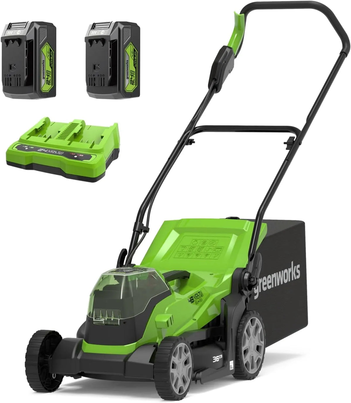 Greenworks Rasenmäher 40-Liter-Sack 4Ah-Akkus G24X2LM36K4X, Spannung 48V, PLUS zwei 2 x 24V & Doppelladegerät, 36 cm Schnittbreite, 3 Jahre