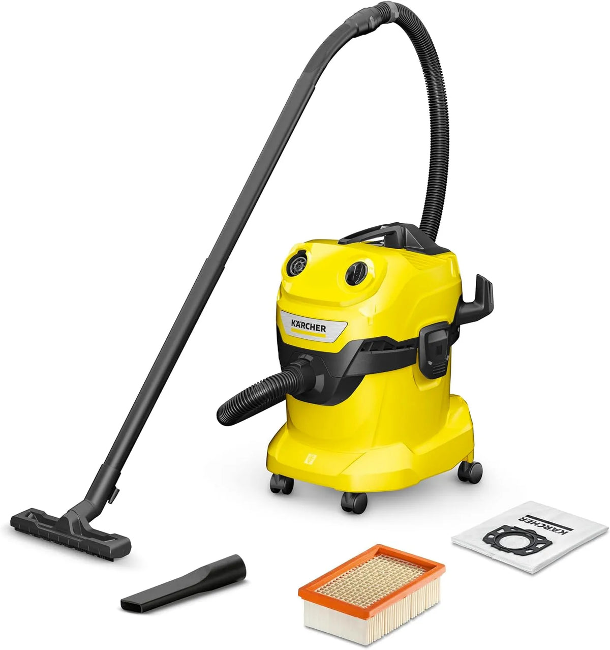 Kärcher Nass-/Trockensauger, Fassungsvermögen 20 l Kunststoffbehälter, 2,2 m Saugschlauch, „Pull & Push'-Verschlusssystem, Gelb, WD 4 V-20/5/22 Nass-&
