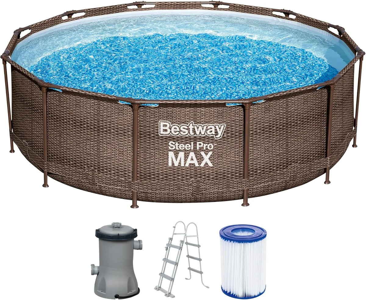 Bestway Pool 56709-GS18, Fassungsvermögen 9150 L, Maße 366 x 366 x 100 cm, Steel Pro Max Stahlrahmenpool-Set mit Filterpumpe und Zubehör, blau