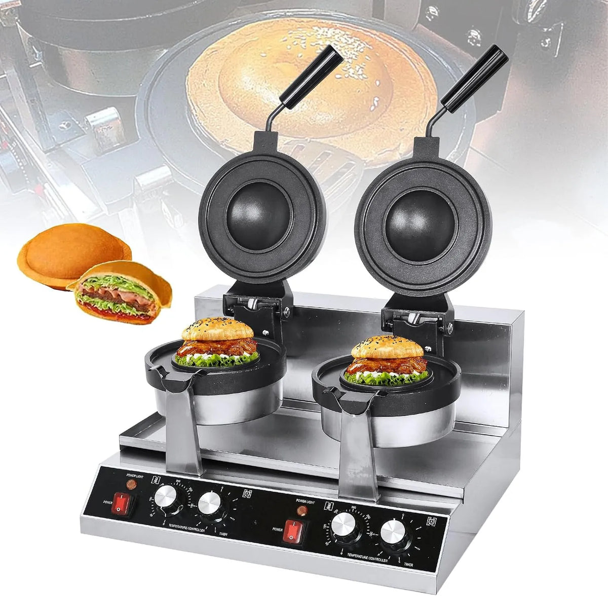 2600w Antihaft-Hitze-Presse-Maschine, Kommerzielle Doppelkopf-Edelstahl-Burger-Maschine, 0-5 Minuten Zeiteinstellung, Snack-Bar, geeignet für Haus